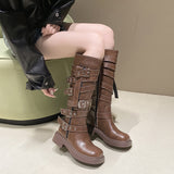 GREATNFB Belt Buckle Thick Heel Brown Leather Boots for Women Spring and Autumn Retro below the Knee Boots Knee-High Boots Knight Fashion Boots