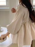 Korean version of age-reducing doll shirt cotton and linen top lantern sleeve shirt women's summer thin design sense niche loose shirt