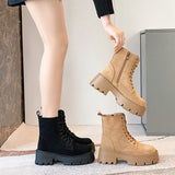 GREATBFB Martin Boots for Women  Autumn and Winter New Thick-Soled Leather Short Boots British Suede Leather Fashion All-Matching Motorcycle Boots