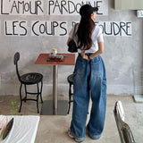 South Korea 2025 Spring New Fashionable All-Match Drawstring Large Pocket Neutral Loose Overalls Wide-Leg Jeans Women