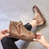 GREATNFB Ccvv Spring New Retro Handmade Genuine Leather Square Toe Leisure Boots Hole Hollow-out Ankle Boots Breathable Cowhide Boots