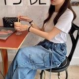 South Korea 2025 Spring New Fashionable All-Match Drawstring Large Pocket Neutral Loose Overalls Wide-Leg Jeans Women