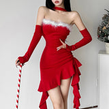 2025 style popular autumn new women's clothing Christmas one-word collar neck sleeve slim waist dress