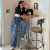 South Korea 2025 Spring New Fashionable All-Match Drawstring Large Pocket Neutral Loose Overalls Wide-Leg Jeans Women