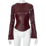 ANTMVSF24TP218 2025 New women's clothing autumn new solid color street hipster long sleeve slim short leather top