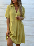GREATNFB  Cross-Border Foreign Trade European and American Women's Clothing  Skirt Loose Solid Color Polo Collar Casual Short Sleeve Cotton Linen Dress