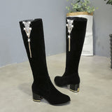 GREATBFB Autumn and Winter New Boots Chunky Heel High Heel Matte Leather Women's Boots Side Zipper Fleece-lined Warm High Tube Stovepipe Boots Women