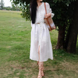2025 spring and summer new Popularan women's clothing crew neck embroidered lace belt waist linen white dress