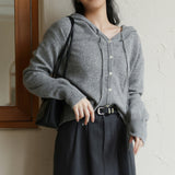 Hooded drawstring wool sweater spring new Japanese and Korean casual cardigan top long-sleeved V-neck 100% wool knitted sweater
