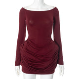 ANTMVSF24DS213 2025 New women's clothing autumn new temperament solid color one-word shoulder long-sleeved high-waisted short dress