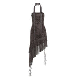 2025 style popular summer new women's clothing brown black and white pattern irregular skirt design dress