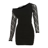2025 style popular autumn new women's clothing tight pleated design transparent lace rotator sleeve hip wrap dress