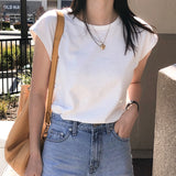 Summer Korean new simple design sense shoulder sleeveless top pure cotton curled sleeveless casual temperament T-shirt women