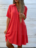 GREATNFB  Cross-Border Foreign Trade European and American Women's Clothing  Skirt Loose Solid Color Polo Collar Casual Short Sleeve Cotton Linen Dress