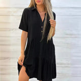 GREATNFB  Cross-Border Foreign Trade European and American Women's Clothing  Skirt Loose Solid Color Polo Collar Casual Short Sleeve Cotton Linen Dress