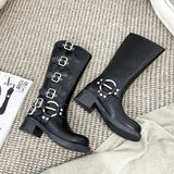 GREATBFB Yi Mengling Same Style Brush Color Genuine Leather Knee-High Boots  New Square Head Sleeve Motorcycle Retro Western Cowboy Boot Fashion