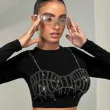ANTMVSH24TP079 2025 New women's clothing autumn new casual hot diamond long-sleeved round neck ultra-short open-button slim-fit top