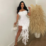 GREATNFB Cy901043 European and American Foreign Trade Tube Top Solid Color Dress Sexy Irregular Tassel High Slit Dress Women
