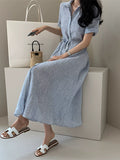 Striped shirt dress women's summer medium and long loose Korean version lace-up waist and thin temperament short-sleeved cotton and linen skirt