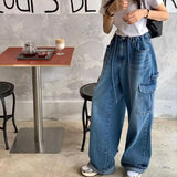 South Korea 2025 Spring New Fashionable All-Match Drawstring Large Pocket Neutral Loose Overalls Wide-Leg Jeans Women