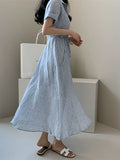 Striped shirt dress women's summer medium and long loose Korean version lace-up waist and thin temperament short-sleeved cotton and linen skirt