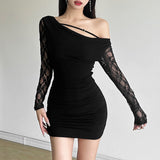 2025 style popular autumn new women's clothing tight pleated design transparent lace rotator sleeve hip wrap dress