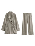 2024 Casual Women Solid loose Blazer Set elegant Lady Lapel Lace Up Long Sleeve Wide Leg Pants Suit Office Lady Commuting Outfit