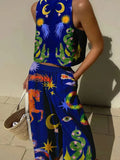 2024 NEW Women Print Suit Sleeveless Crop Top Loose Long Pants 2 Pieces Set Lady Spring Summer Hawaii Beach Casual Outfits