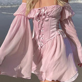 Women Fairy Pink Chiffon Mini Dress Chic Bandage Corset Vintage Long Puff Sleeve Sundress Slash Neck Bridesmaid Bodycon Beach