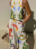 2024 NEW Women Print Suit Sleeveless Crop Top Loose Long Pants 2 Pieces Set Lady Spring Summer Hawaii Beach Casual Outfits