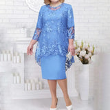 2022 New O-neck High-Waist Plus Size Midi Dress M-5XL Elegant  Embroidery Lace 3/4 Sleeve Lady Evening Dress Female Clothing