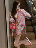 2024 New Autumn Rainbow Color Knitted Sweater Women Fashion Tassel Decoration Cardigan Vintage Single-Breasted Causal Tops