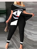 greatnfb  Summer Women's Print Short Sleeve Outfit Fashion T Shirt Top Two Pieces Set Casual One-Shoulder Split Hem Tops &Pants Set New