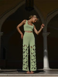 greatnfb Women Elegant Hollow Out Knit Pants Suit Casual Square Neck Cropped Tank High Waist Trousers Set 2024 Lady Vacation Chic Outfits