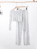 greatnfb  Tassel Sequin Party Sets Women Autumn Silver Loose O-neck Crop Tops Wide Leg Pants Female Suit Fashion Street Lady 2 Piece Set