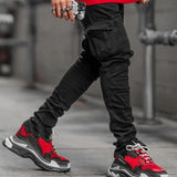 greatnfb  Street Elastic Jeans Men Denim Cargo Pants Wash Solid Color Multi Pockets Casual Mid Waist Trousers Slim Fit Daily Wear Joggers