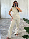 2024 Spring Long Pant Set For Women Elegant Sleeveless Top High Waist Wide Leg Trousers 2 Pieces Set Female Chic Street Outfits