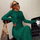 Laxsesu Elegant Bodycon Dress for Women  Solid O Neck Flare Sleeves Long Summer Dresses Holiday Vestidos Black Red Orange