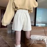 2024 New Corduroy Women's Cargo Shorts Autumn Winter High Waist Wide Leg Shorts Casual Vintage Female Trousers Fashion