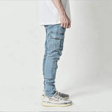 greatnfb  Street Elastic Jeans Men Denim Cargo Pants Wash Solid Color Multi Pockets Casual Mid Waist Trousers Slim Fit Daily Wear Joggers