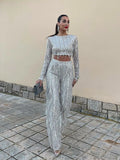 greatnfb  Tassel Sequin Party Sets Women Autumn Silver Loose O-neck Crop Tops Wide Leg Pants Female Suit Fashion Street Lady 2 Piece Set