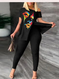greatnfb  Summer Women's Print Short Sleeve Outfit Fashion T Shirt Top Two Pieces Set Casual One-Shoulder Split Hem Tops &Pants Set New