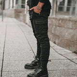 greatnfb  Street Elastic Jeans Men Denim Cargo Pants Wash Solid Color Multi Pockets Casual Mid Waist Trousers Slim Fit Daily Wear Joggers