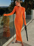 Laxsesu Elegant Bodycon Dress for Women  Solid O Neck Flare Sleeves Long Summer Dresses Holiday Vestidos Black Red Orange