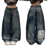 2024 New Harajuku Popular Print Jeans Women Y2K Street Hip Hop Fashion Joker Straight Wide Leg Pants Punk Rock Casual Trousers