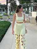 greatnfb Women Elegant Hollow Out Knit Pants Suit Casual Square Neck Cropped Tank High Waist Trousers Set 2024 Lady Vacation Chic Outfits