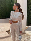 greatnfb  Tassel Sequin Party Sets Women Autumn Silver Loose O-neck Crop Tops Wide Leg Pants Female Suit Fashion Street Lady 2 Piece Set