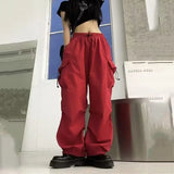 Women Big Pockets Cargo Pants Y2k High Elastic Waist Drawstring Baggy Trousers Vintage Casual Loose Side Zipper Straight Pants