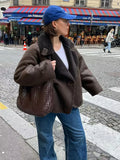 greatnfb  TRAF Fashion Woman Thick Faux Leather Jackets for Women 2024 Winter Warm Wool Blends Chic Coats Lapel Pu Plush New In Outerwear