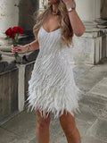 greatnfb Women Sling Sequined  Evening Dress Luxury Sleeveless V Neck Tassels Feather Club Party Summer Short Dress vestidos para mujer